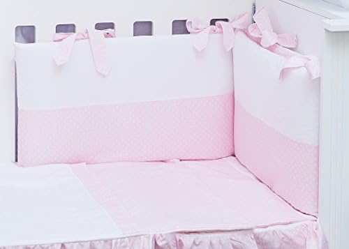 Vizaro - Cot Bumper (Removable with Zipper), Duvet Cover and Pillow Case - 3 Pieces Set for Cot 60x120 cm - Pure Cotton - Made in EU - OekoTex - C. Pink and White