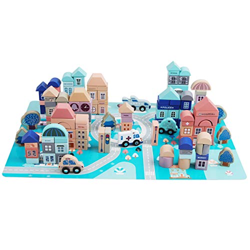 GEMEM Wooden Building Blocks Set-133 Pieces for Children Classic City Construction and Shapes Montessori Stacking Toy for Boys Girls with 48 Pieces Play Mat Puzzle