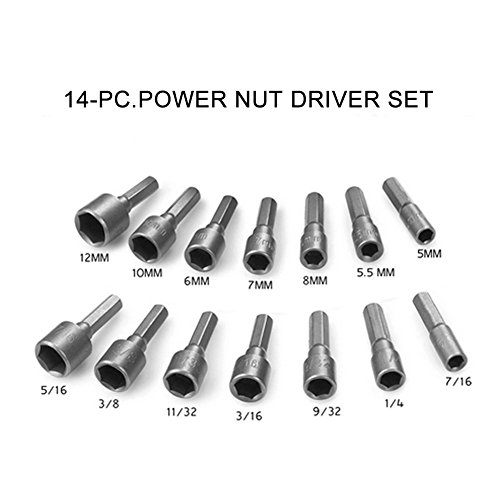 14 PCS Quick-Change Power Nut Driver Bit Set,Electronic 3/16" 1/4" 9/32" 5/16" 11/32" 3/8" 7/16" 5,5.5,6,7,8,10,12mm He-Shank Socket Adapter,Made by Chrome Vanadium Steel