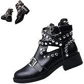 BlackeEight Women's Black Rivet Studded Buckle Strap Ankle Boots,Gothic Punk Cutout Block Heel Motorcycle Cowboy Combat Booties