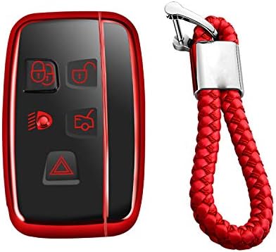 Soft TPU Case Cover Protector Case for Land Rover, Car Remote Key Fob Case for Land Rover Discovery 4/Sport Freelander 2 for Range Rover Evoque/Sport/Velar - Glossy Red - Braided Keychain