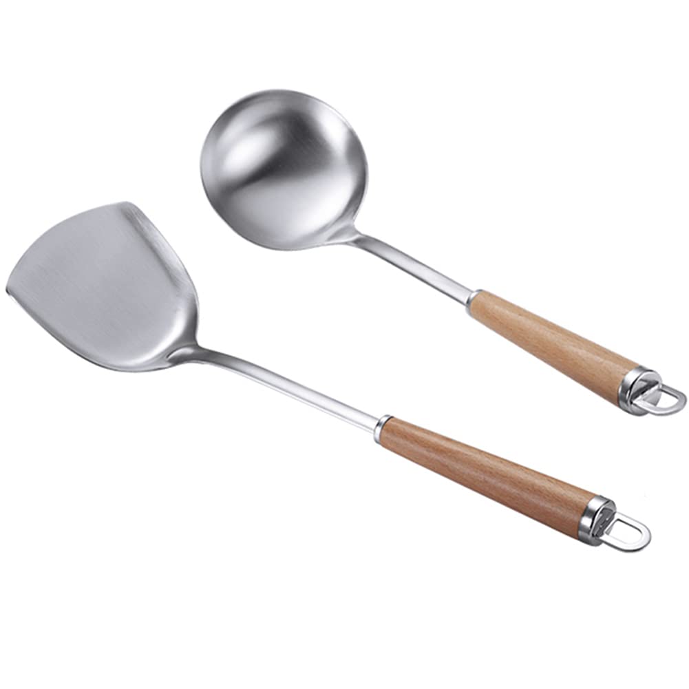 NORHOR 2 Pieces Stainless Steel Kitchen Utensil Set, 304 Stainless Steel Wok Spatula and Soup Ladle Set with Long Heat Resistant Wood Handle. (Silver)