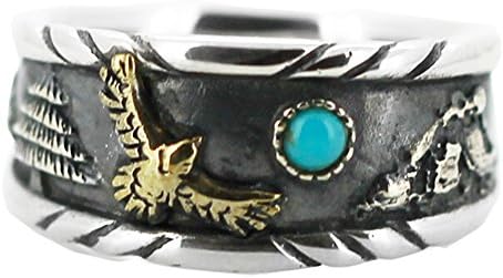 Men's Unique Antique Vintage Natural Blue Turquoise Gemstone Solid 925 Sterling Silver and Copper Biker Fashion Daily Wear Ring Set