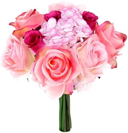 JenlyFavors Rose &amp; Hydrangea Silk Flower Wedding Bouquet Pink Beauty