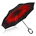 BAGAIL Double Layer Inverted Umbrella Reverse Folding Umbrellas Windproof UV Protection Big Straight Umbrella for Car Rain Outdoor with C-Shaped Handle (Red Flower)