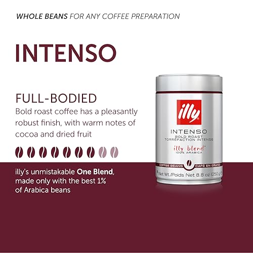 ILLY INTENSO WHOLE BEAN COFFEE, DARK ROAST, INTENSE, ROBUST AND FULL FLAVORED WITH NOTES OF DEEP COCOA, 100% ARABICA COFFEE, NO PRESERVATIVES, 8.8 OUNCE (PACK OF 1)