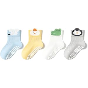 Beibi 4 Pairs Kids Mid-Calf Socks Animal Cartoon Print Spring Summer Thin Comfortable Soft Breathable Pouring Socks for 0-6 Y
