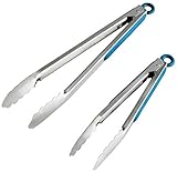StarPack Premium Stainless Steel Grill & Kitchen Tongs 2 Pack (9-Inch & 12-Inch) - Bonus 101 Cooking Tips (Teal Blue)