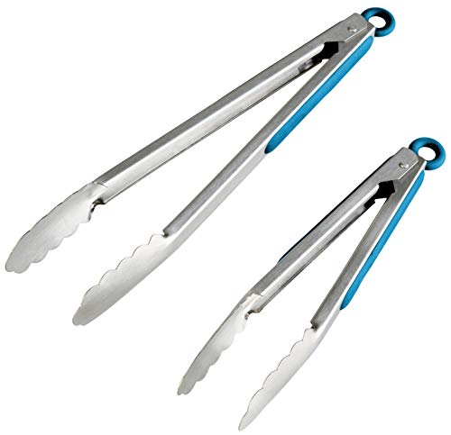 StarPack Premium Stainless Steel Grill & Kitchen Tongs 2 Pack (9-Inch & 12-Inch) - Bonus 101 Cooking Tips (Teal Blue)