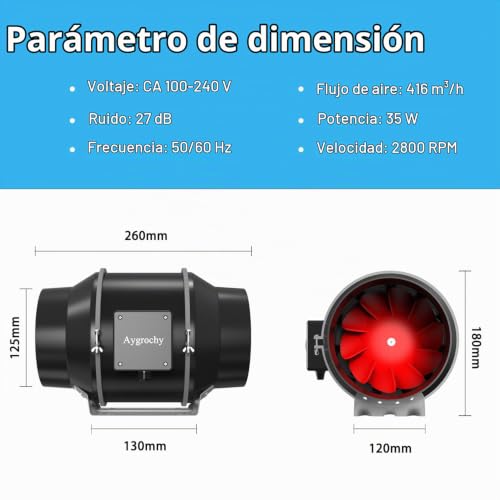Aygrochy Adjustable Extractor Fan 125 mm, Extraction Fan 416 m³/h, Socket with Timer, Delay and Temperature and Humidity Sensor, for Growing Tents, Ventilation | Socket with timer, time and temperature and humidity sensors für Hydrokulturen,Belüftung.