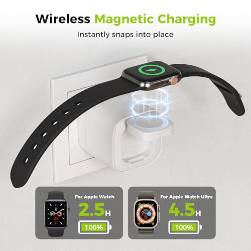 CHARCO 4 en 1 Cargador para Apple Watch, 35W Cargador USB C con Cable Retráctil Integrado Incluye 2 Puertos USB, Cargador Inalámbrica Compatible con iPhone/AirPods/Relojes Smartwatch, Blanco