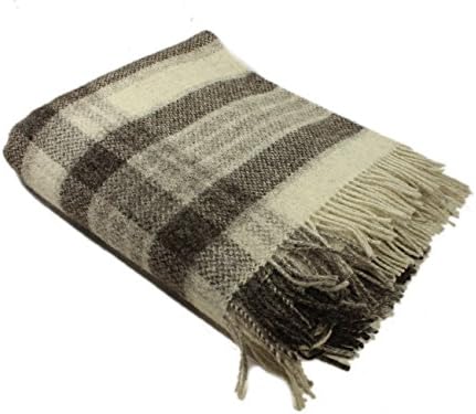 Wool Throw Plaid Blanket 71" x 52" Black Grey Irish Made