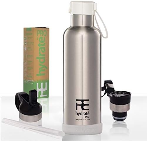 Rehydrate Pro (Chrome 17 oz Kids Insulated Water Double Wall Bottle Stainless Steel Metal Flask Bonus Lids and Straws. Simple Modern Thermal Leak Proof Flask That Keeps Drinks Cold and Hot