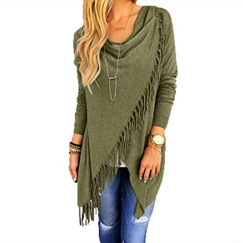 lazinem Women Classical Tassel Oblique Line Long Sleeve Tops Knits & Tees Army Green