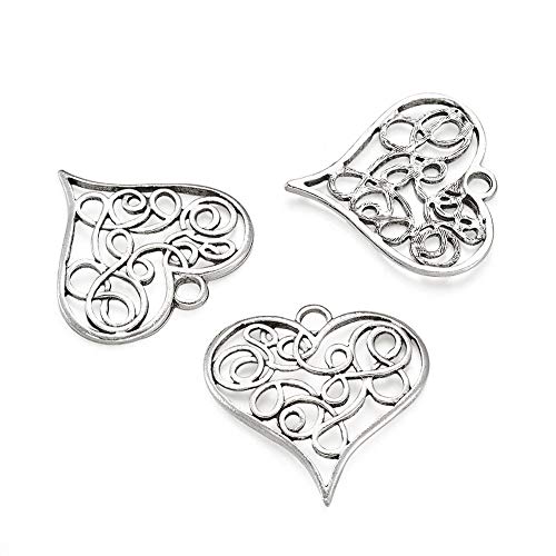Craftdady 10Pcs Antique Silver Filigree Love Heart Charms 31.5x32mm Vintage Alloy Lead Free Tiny Sweet Heart Beads Pendants for DIY Jewelry Bracelet Necklace Earring Making