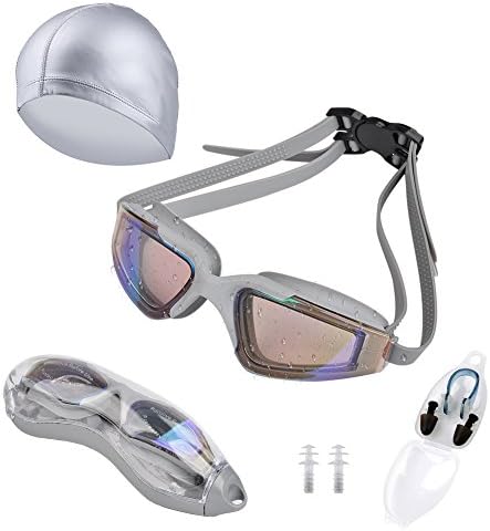 LETS MEETi Swimming Goggles, No Leaking, Anti Fog, UV Protection, Shatterproof Clear Vision Adjustable Double Silicone Head Strap Triathlon Goggles Mirrored Coated for Men Women Youth Kids (Grey)