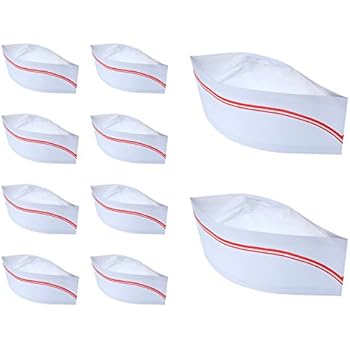 BBTO 10 Pieces Soda Jerk Paper Hats Food Server Cap Retro Chef Caps with Red Strips for Theme Restaurant Party