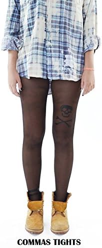 Commas Tights Skull Hosiery Stockings Pattern Tatto Urban Swag Pantyhose Street Wear, Black, XXL