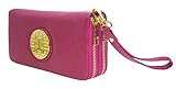 Proya Collection Double Zipper Around PVC Leather Wristlet Clutch Organizer Wallet with Emblem