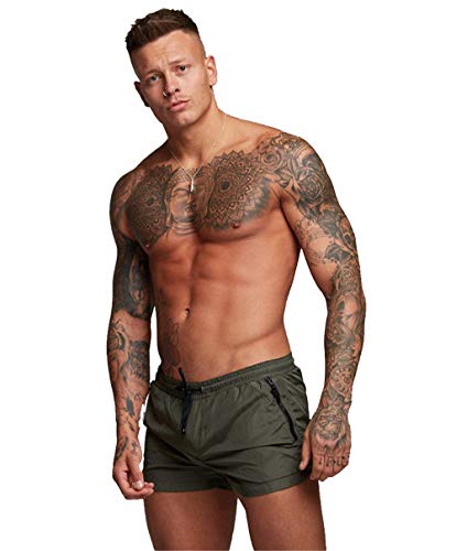 TONLEN Mens Swimwear Sports Shorts Swim Trunks with Zipper Pockets Army Green M