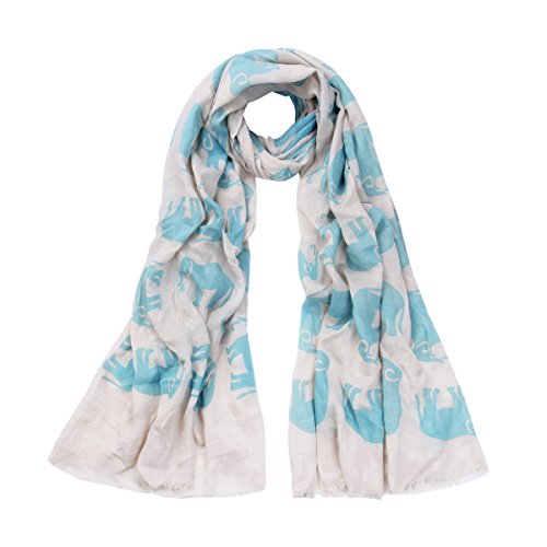 Premium Elephant Print Frayed End Scarf Wrap, Blue
