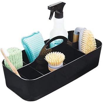 mDesign Plastic Portable Storage Organizer Caddy Tote, Divided Bin, Handle for Bathroom, Kitchen Laundry/Utility Closet - Holds Cleaning Supplies, Window Cleaner, Dust Cloths - Large - Black