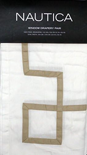 Nautica Pair of Window Curtains Drapery Panels Set of 2 Cream / Off-White with a Tan Border Stripe Classical Motif -- Ribbon Applique -- 52 Inches by 96 Inches