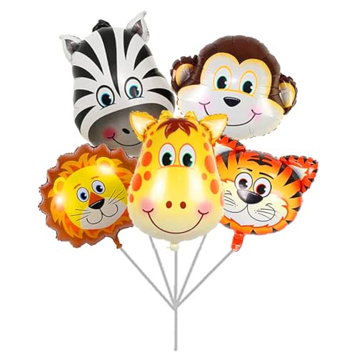LEBERY Jungle Safari Animal Balloons, 5Pcs 22 Inch Tiger Lion Zebra Monkey Giraffe Foil Balloons for Jungle Safari Animal Theme Birthday Party Supplies Baby Shower Wild 0ne Party Decorations