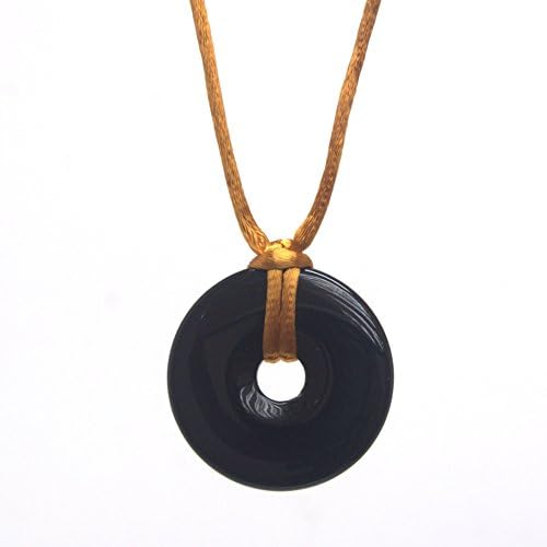 Martiana JewelryBlack Agate Donut Gemstone Pendant Necklace - Gold Color Satin Cord, 1.5 & 16-in