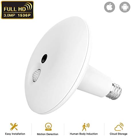 JUKEY Light Bulb Camera 1536P Camera PIR Body Sensing Motion Detection Night Vision 360 VR Panoramic Security Camera V2.0 Smart LED Flood Light, APP for Android iOS