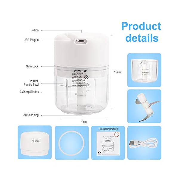 MMTX Mini Food Chopper Electric Small Food Processor Portable Fruit Blender Mixer Chops Vegetables, Nuts & Onion Meat Mincer Grinder for Baby Food USB Rechargeable 3.7V 250ml