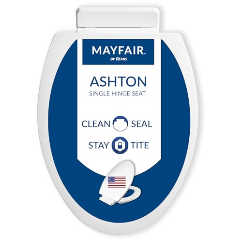 Mayfair Ashton Easy to Clean Single Hinge Toilet Seat, Modern Slow Close Wood Toilet Seat, Made in USA, Elongated, White