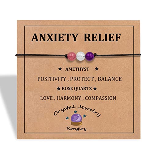 Ronglry Natural Crystal Bracelets For Women & Men | Amethyst, Rose Quartz, Healing Stones | Adjustable Spiritual Jewelry