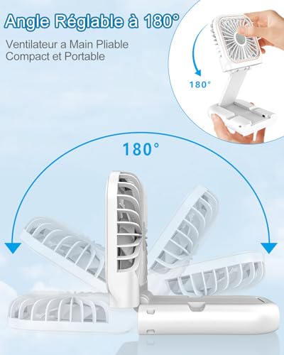 DDKJ Portable Folding Hand Fan 180° - Powerful 4000mAh Battery | Up to 8 Hours | LED Display Battery Levels & Speeds | Neck Cord for Office Travel Outdoor Children & Adults