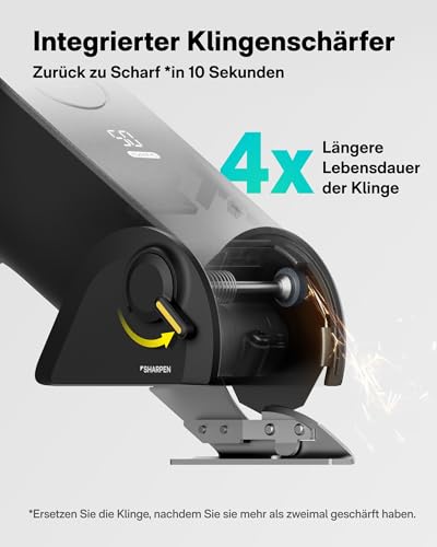 HOTO EdgeFlow Elektrisch Kartonschneider mit Titanklinge & LED-Display, Elektrische Schere, Selbstschleifend & Werkzeugloser Einfacher Klingenaustausch, Sicherheitsriegel für Karton, Teppich, Leder