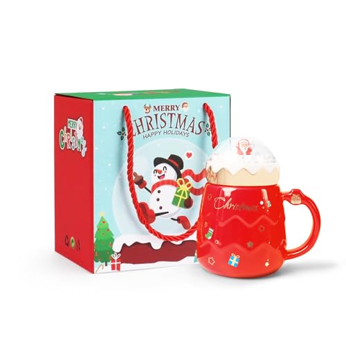 PARSUP Christmas Mug, Cute Ceramic Tea mugs with Santa Lid, Novelty Christmas Cup for Milk, Coffee, Hot Chocolate, Gift for Women, Kids, Colleagues, Family, Friends, 500ML/17.6OZ (Red)