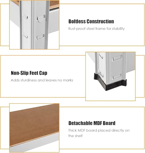 Beauenty Storage Shelves,Metal Shelves,Storage Rack 180cm, 5 Layers (80 KG Loading Capacity Per Shelf) Metal Storage Rack Height Adjustable Storage Shelves(White, B)