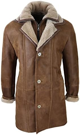 Infinity Men's Brown Sheepskin Leather Detachable Hood Duffle Coat