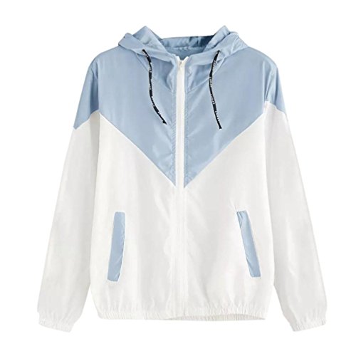 BCDshop Women Sport Skinsuits Hooded Zipper Pockets Coat Patchwork Thin Short Jacket (Sky Blue, XL) - Thumbnail 2