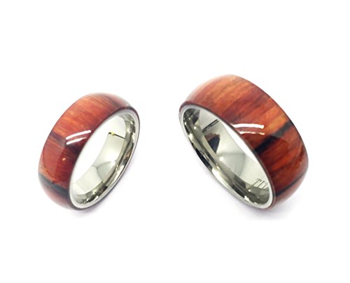 His & Her's 8MM/6MM Titanium With Pure Light Brown Cherry Hawaiian Koa Wood Domed Top Wedding Band Ring Set