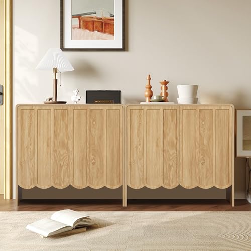 ORRD Accent Sideboard Buffet Cabinet, Storage Cabinet with 2 Doors, Farmhouse Wood Cabinet with Adjustable Shelves and Wave Panel for Living Room, Dining Room, Entry - Natural