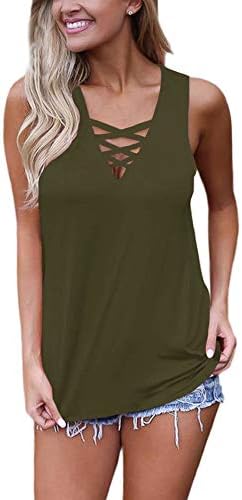 Women's Summer Tank Tops Criss Cross Casual Solid Sleeveless Lace up Blouse