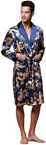 Mens Silky Satin Ultra Robes Shawl Collar Kimono Dragon Print Bathrobe Sleepwear Nightwear Pajamas