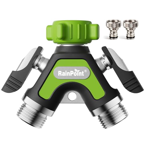 RAINPOINT 2-Way Distributor, Full Metal Heavy Duty Water Distributor with 5.2 cm Extra Long Side Lever & Shut-off Valves, Garden Hose Y Splitter 3/4 Inch & 1/2 Inch, Simultaneous Double Connection (Green)