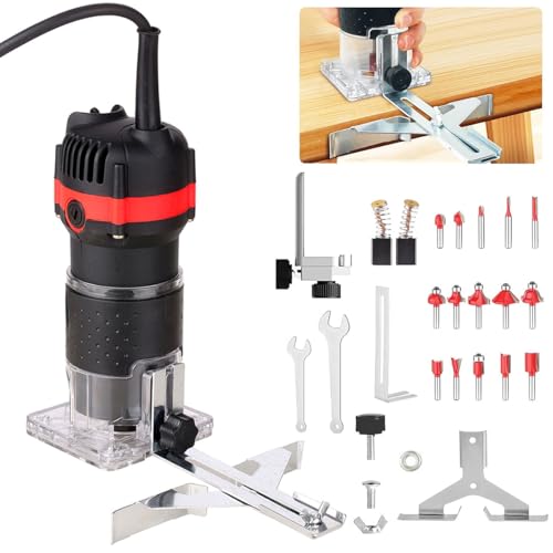 Wood Router 800W Compact Electric Trimmer Laminate 30000r/min, Wood Router with 15pcs Milling Cutter Edge Guides 1/4" 6.35mm Hand Palm Woodwork Machine Joiner Tool for DIY Slotting Trimming Handicraft