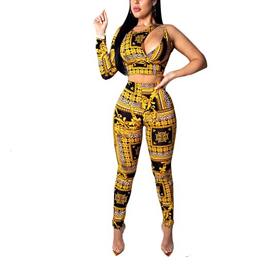 Women's Club 2 Piece Outfits Gold Printed Hollow Out Bodycon Top and Long Pants