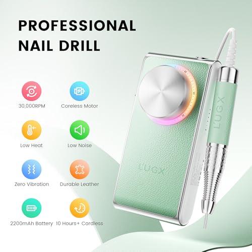 L'UGX Rechargeable Nail Drill Professional – Cordless Electric Nail File for Acrylic & Gel Nails 30000 RPM, Quiet & Smooth Efile for Manicure & Pedicure,Green with 7 Nail Drill bits