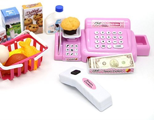 Kids Toy Cash Register - Barcode Scanner with Realistic Sounds, Grocery Items, Pretend Money & Food Basket