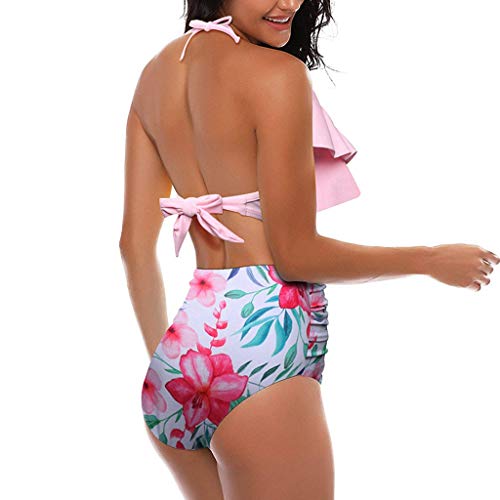 iYBUIA Sexy Leaf Print Twist Front High Wasit Bikini Set 2 Piece Bra Beach Swimsuit Pink