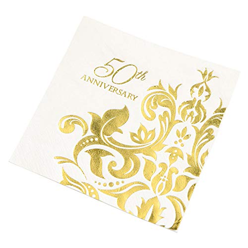 Crisky 50th Wedding Anniversaray Cocktail Napkins, [ Gold Foil More Shiny More Elegant ] Golden Wedding Anniversary Beverage Napkins, 50th Wedding Anniversary Party Decorations 50 Pcs, 3-ply